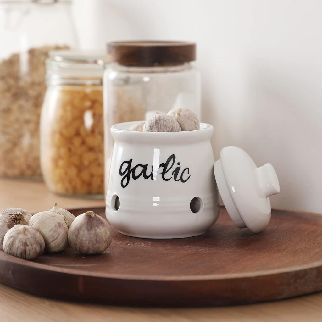 Garlic Keeper with Lid, Ceramic Mini Garlic Saver Container for Countertop, Farmhouse Kitchen Decor