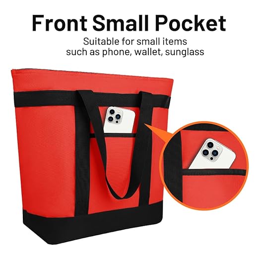 2Pk Insulated Reusable Tote Bag for Grocery Shopping for Women, Pizza/Food Delivery Bag to Keep Food Cold/Hot for Uber Eats/Doordash/Grubub, Cooler bags for Travel/Beach/Picnic, Red