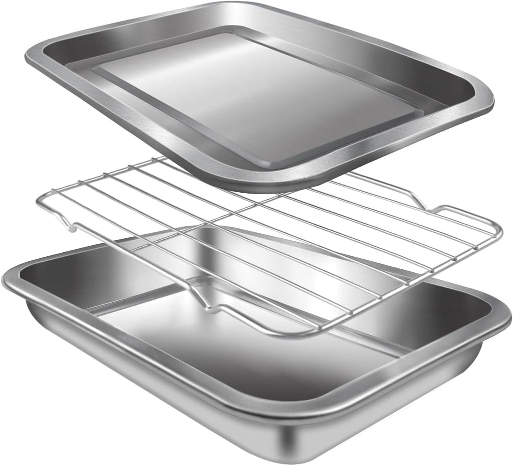 Sheet Pan with Cooling Rack Set [2 Baking Sheets + 1 Baking Rack], Stainless Steel Cookie Sheets for Baking and Wire Rack, Warp Resistant, Heavy Duty, Rust Free, Size 12.4 x 8.46 x 1.77 Inch