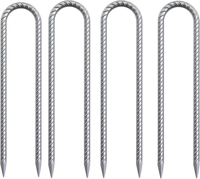 Trampoline Wind Stakes 16 Inch, 3/8" Diameter Heavy Duty U Shaped Rebar Tent Fence Stakes for Ground, Galvanized Trampoline Tie Down Anchor Kit 4 Pack