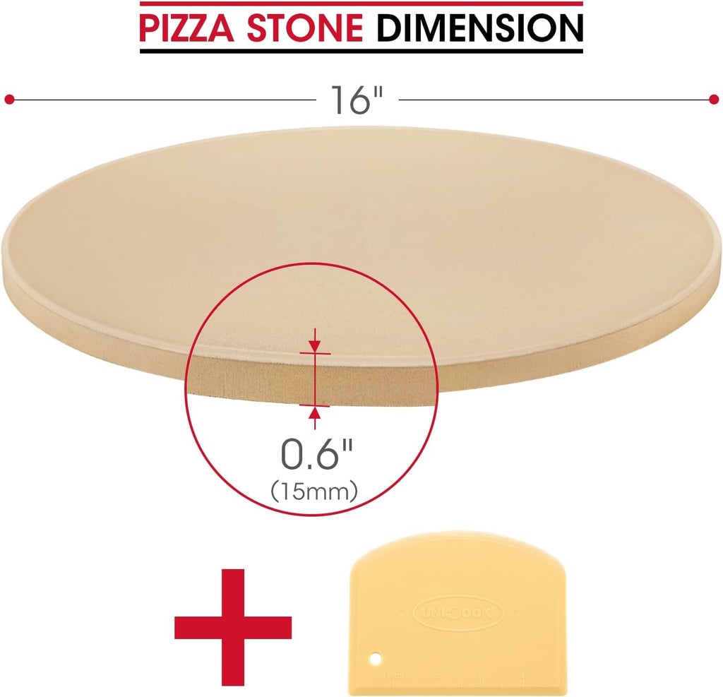 Unicook 16 Inch Round Pizza Stone, Heavy Duty Cordierite Bread Baking Stone for Oven and Grill, Thermal Shock Resistant, Ideal for Baking Crisp Crust Pizza, Bread and More, Includes Scraper