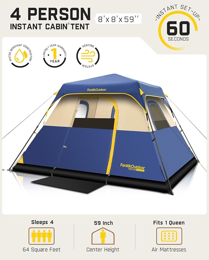 FanttikOutdoor Camping Tent 4/6/8/10 Person Instant Cabin Tent Setup in 60 Seconds with Rainfly & Windproof Portable with Carry Bag for Family Camping & Hiking, Upgraded Ventilation