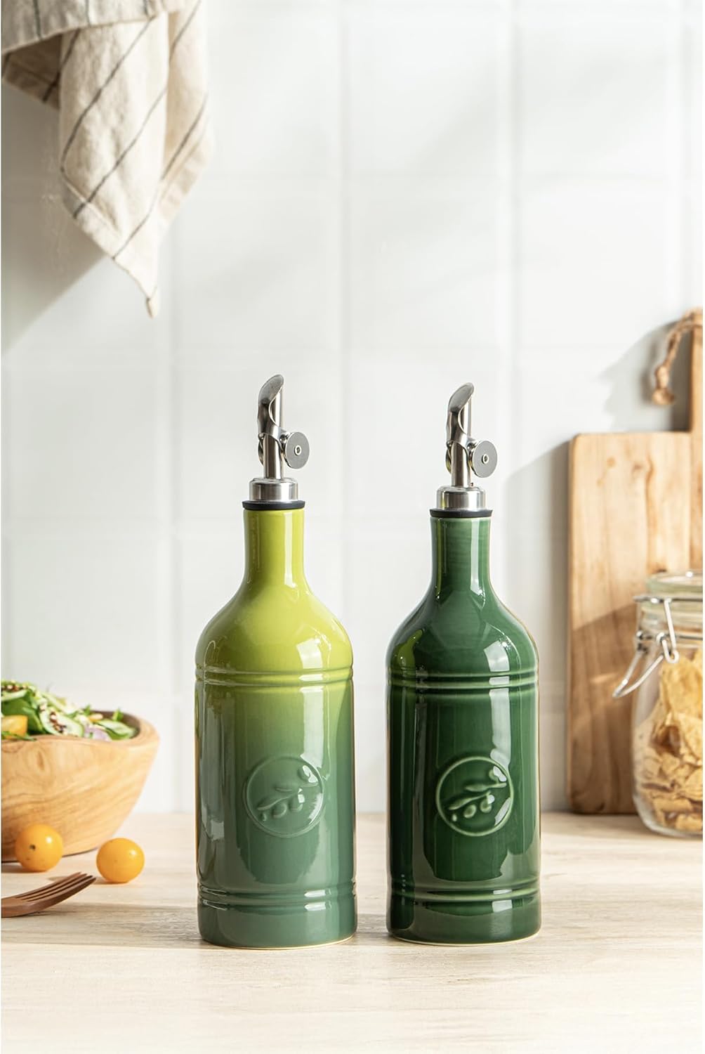 Olive Oil Dispenser Bottle with Spout, 18 oz Ceramic Oil Dispensers for Kitchen, Opaque Cruet, EVOO & Vinegar Bottle with Automatic Stainless Steel Pourer, Pack of 1, Gradient Green
