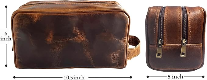 RUSTIC TOWN Leather Toiletry Bag for Men - Travel Shaving Dopp Kit - Bathroom Shower Toiletries Organizer - Leather Cosmetic Bag for Women (Antique Brown)