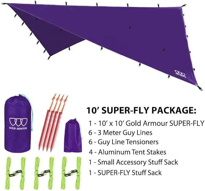 Gold Armour Rainfly Tarp Hammock, Premium 14.7ft/12ft/10ft/8ft Rain Fly Cover, Waterproof Ultralight Camping Shelter Canopy, Survival Equipment Gear Camping Tent Accessories (Purple 10ft x 10ft)