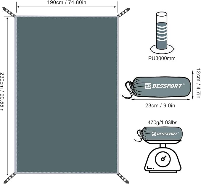 Bessport Tent Footprint for 1-2-3-4 Person Tent Waterproof Camping Tarp with Drawstring Carrying Bag for Picnic, Hiking and Other Outdoor Activities