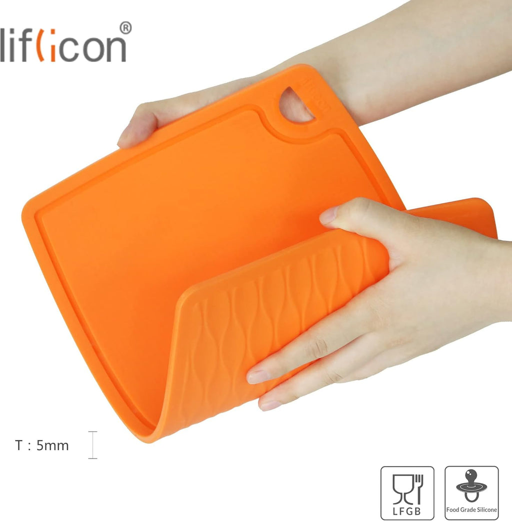 Thick Silicone Cutting Board 12.6'' x 9.1'' Juice Grooves Easy Grip Handle Dishwasher Safe-Orange