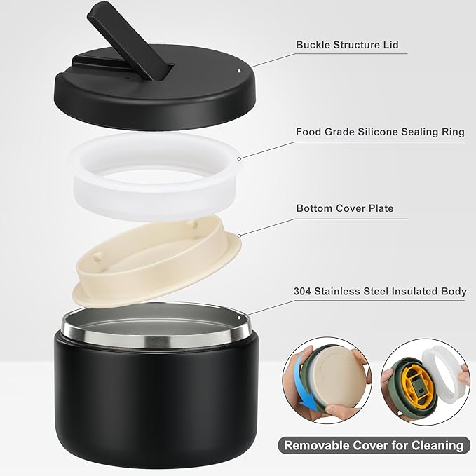 12oz Kids Soup Thermo for Hot Food Insulated Vacuum Food Jar with Buckle Lid, Stainless Steel Wide Mouth Leak Proof Lunch Container for School Travel-Black