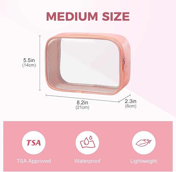 Moyad TSA Approved Clear Toiletry Bag, 1 Pack Quart Size 3-1-1 Liquids Pouch for Travel, Transparent Makeup & Cosmetic Organizer for Women Men, Peach Pink