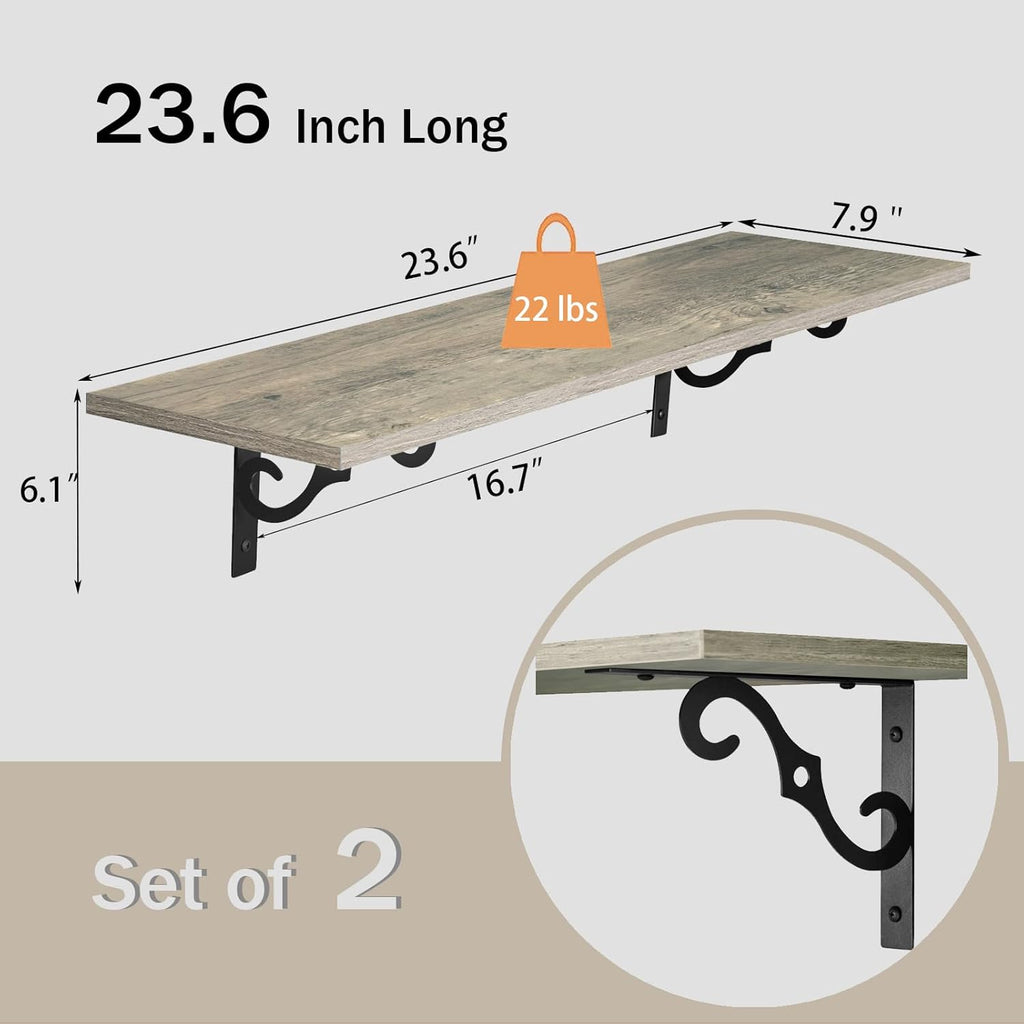 DINZI LVJ Long Wall Shelves, 23.6 Inch Large Floating Shelves Set of 2, Wide Display Shelf Wall Mounted with Brackets, Easy Hanging for Living Room, Toilet, Office, Bedroom, Gray Wash