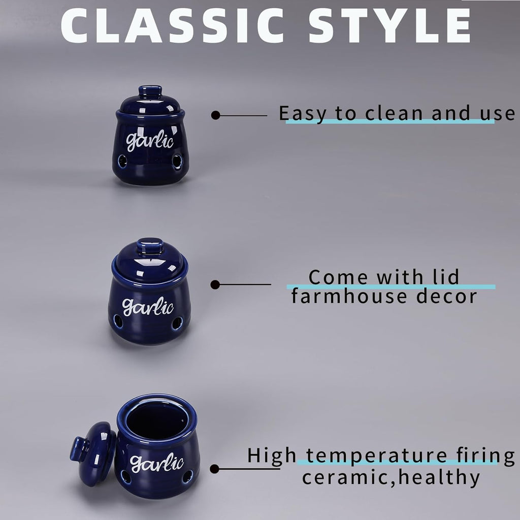 HAOTOP Garlic Keeper with Lid, Ceramic Mini Garlic Saver Container for Countertop, Farmhouse Kitchen Decor (Navy)
