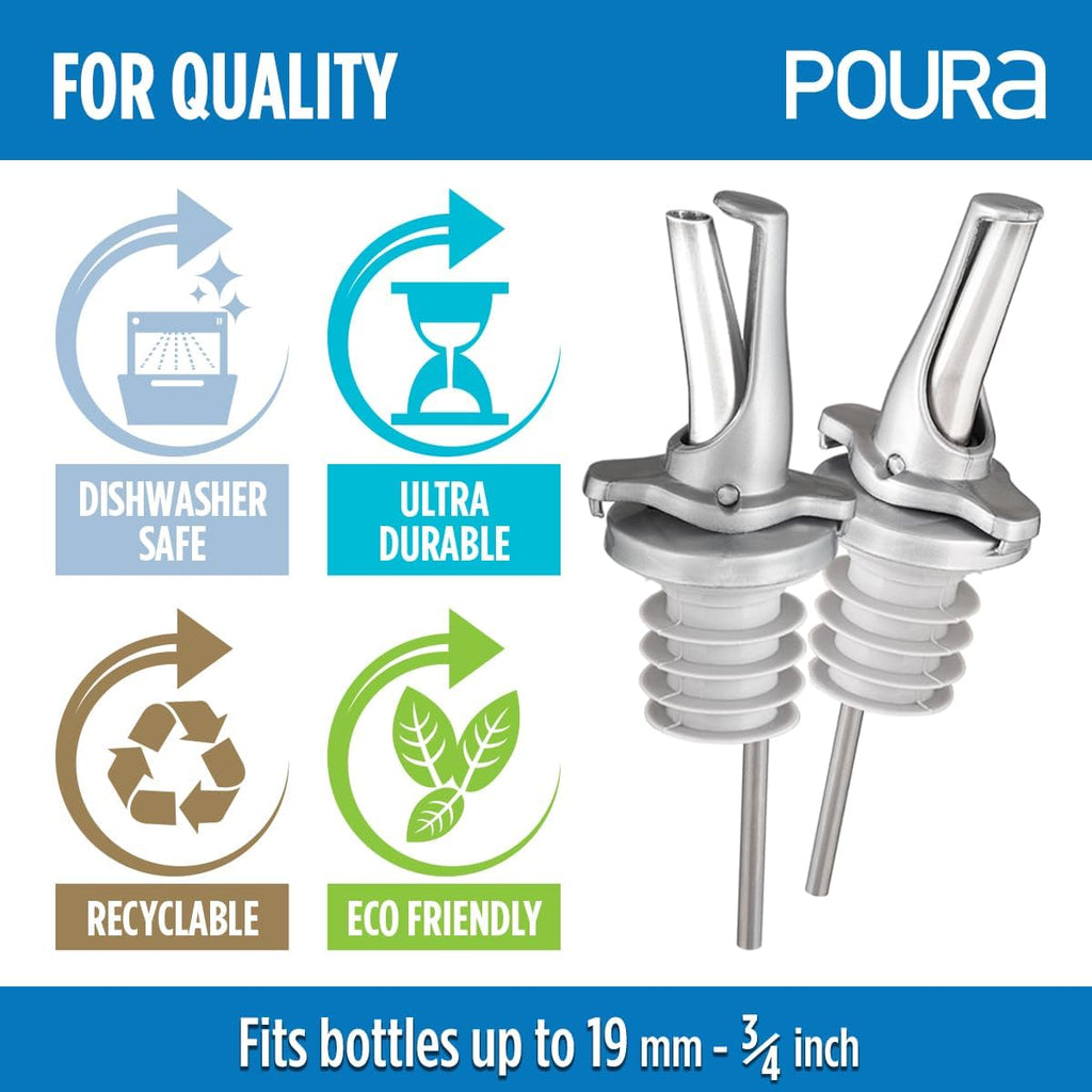 3-in-1 Liquor Pour spout with Built-in Fruit Fly Protection - Dishwasher Safe Hygienic Alcohol Speed Spouts - Also for Olive Oil, Juice, Syrup. Silver 2 Pack