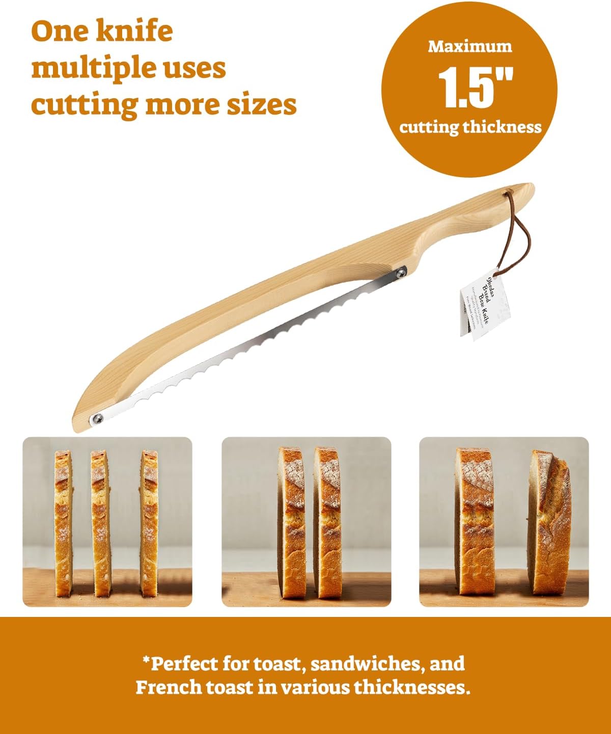16.5” Bread slicer for Homemade Bread, Serrated Bread Knife for homemade bread with Bow Design, Premium Bread Knife, Bread Slicer, Bread Cutter for Bagels, Baguettes, Natural Wood