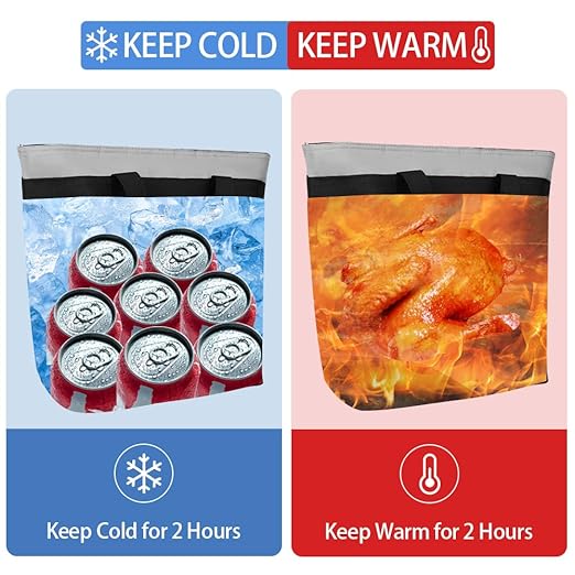 2Pk Insulated Reusable Tote Bag for Grocery Shopping for Women/Men, Pizza/Food Delivery Bag to Keep Food Cold/Hot for Uber Eats/Doordash/Grubub, Cooler bags for Travel/Beach/Picnic, Grey