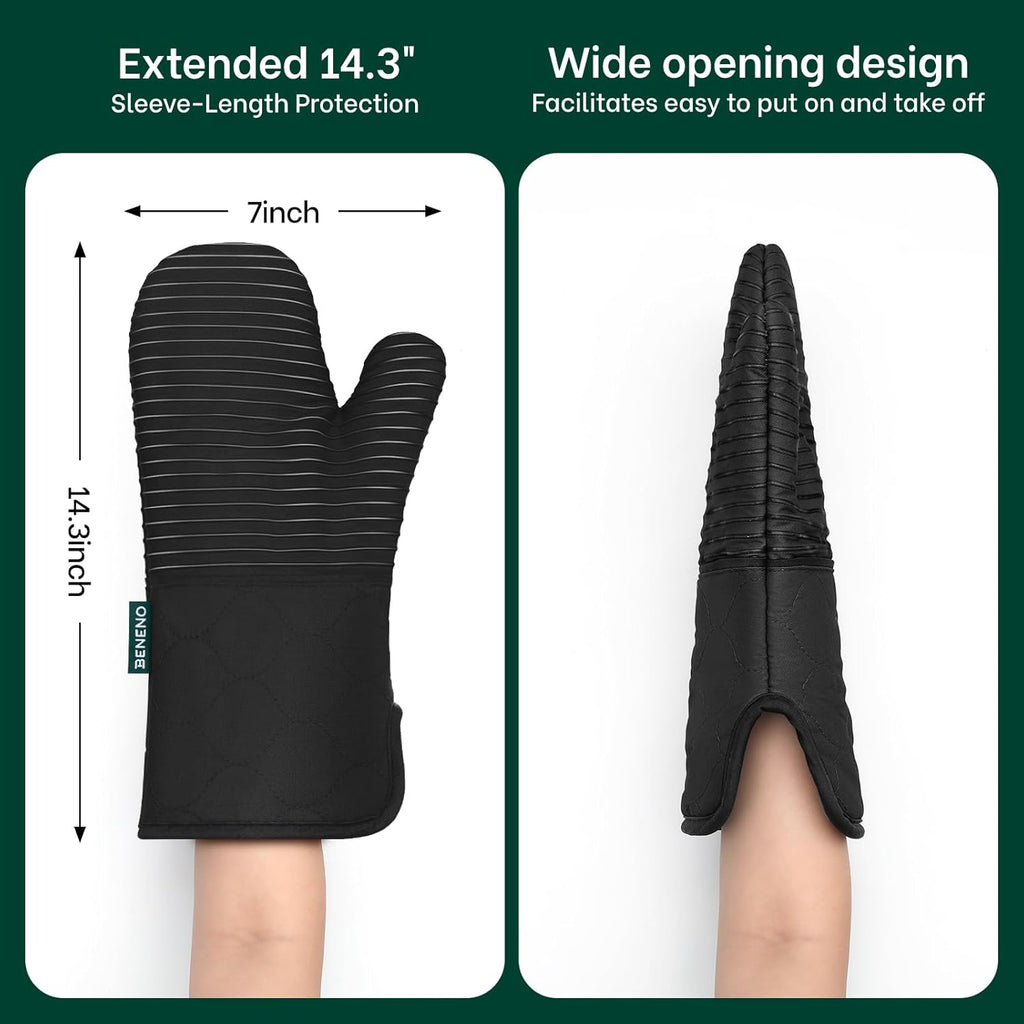 Beneno Kitchen Oven Mitts 2-Pack Heat Resistant to 500°F with Non-Slip Silicone Grip, Extra Long 14.3" Forearm Protection, Soft Quilted Cotton Terry Lining, Ideal for Cooking, Baking, Grilling, Black