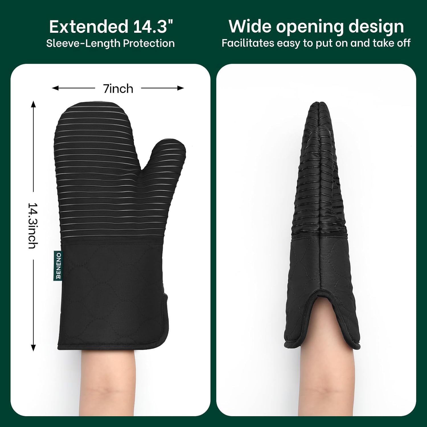 Beneno Kitchen Oven Mitts 2-Pack Heat Resistant to 500°F with Non-Slip Silicone Grip, Extra Long 14.3" Forearm Protection, Soft Quilted Cotton Terry Lining, Ideal for Cooking, Baking, Grilling, Black
