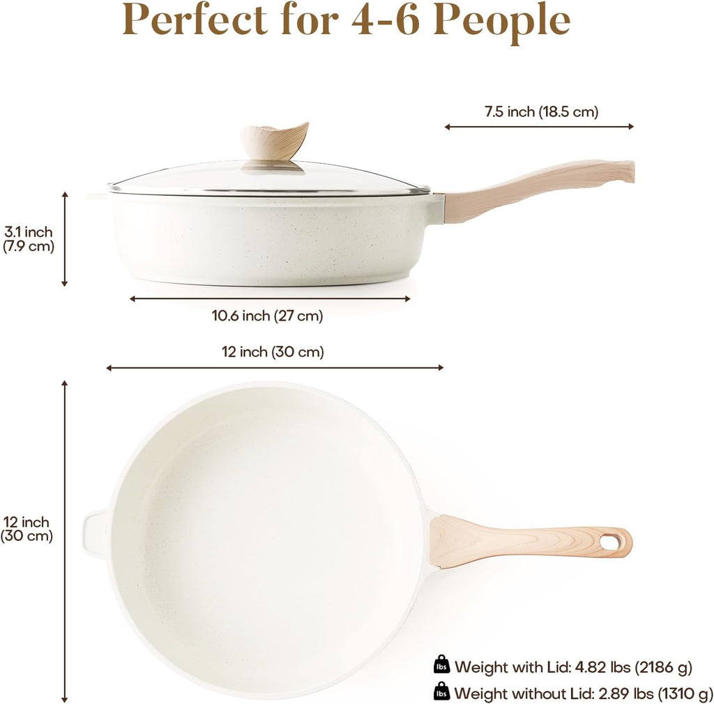 Nonstick Ceramic Deep Frying Pan, 12 Inch Non Toxic Large Skillet with Lid, 5 Qt Healthy Jumbo Cooker, Saute Pan for Cooking, Induction Cookware, PFOA & PFAS Free (Cream)