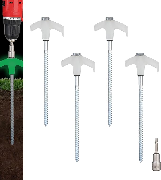 4 Pack Screw in Tent Stakes Heavy Duty,8 Inch Ground Anchors Screw in,Metal Stakes with Hex Head Driver,Camping Tent Accessories.