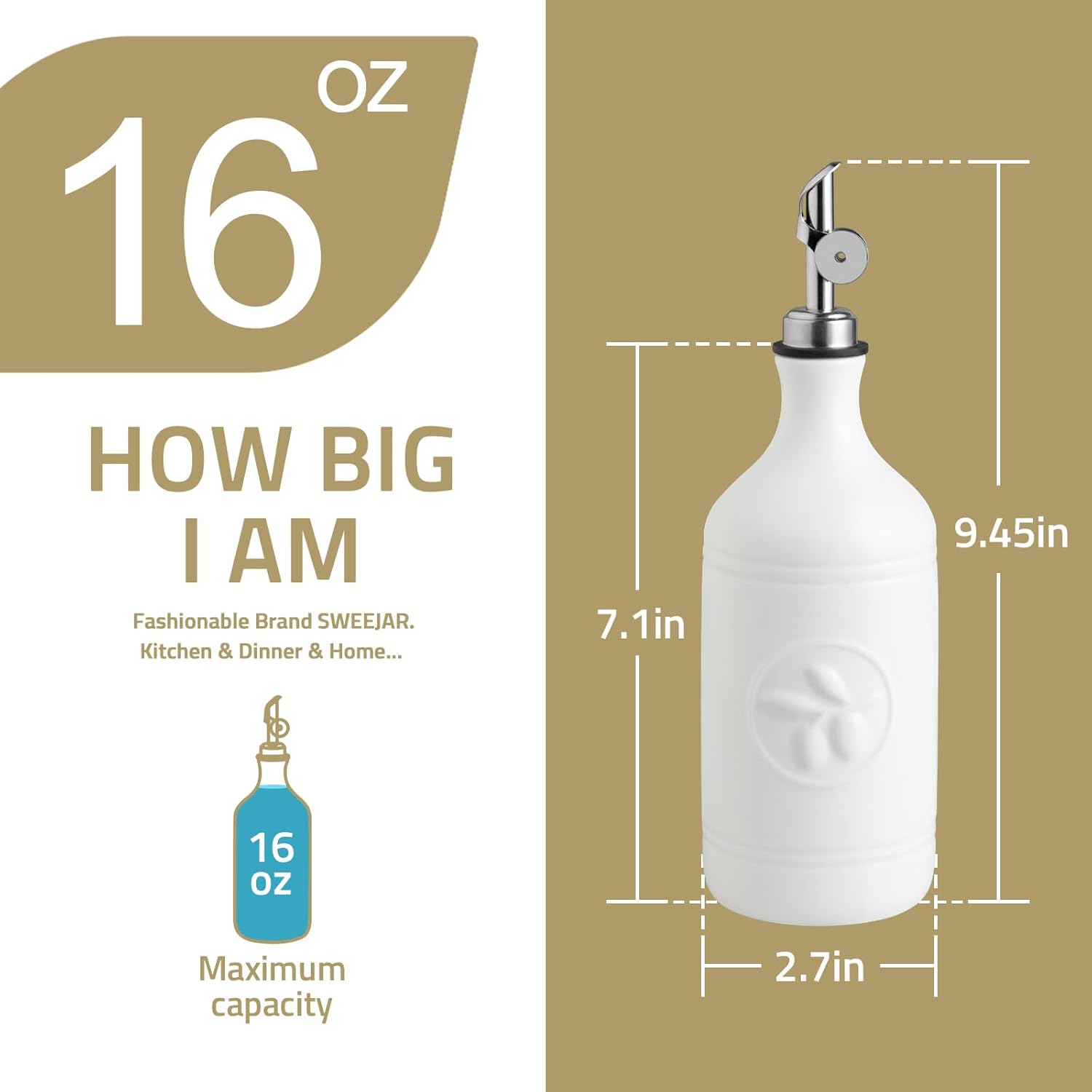 Sweejar 16 Oz Ceramic Olive Oil Dispenser Bottle, Oil Dispenser for Kitchen with Gravity Spout, Relief Opaque Oil Container for Evoo, Avocado Oil, Vinegar, Soy Sauce, 1 Pack(White, Gold Spout)