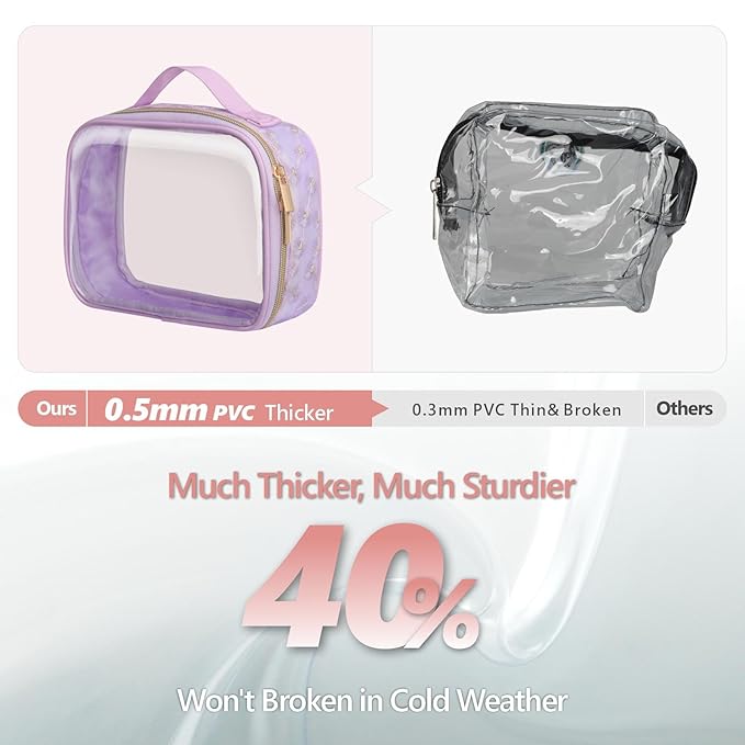 PACKISM Floral Texture Lace TSA Approved Toiletry Bag - 180° Opening Clear Makeup Bags in 2 Size, Clear Toiletry Bags with Handle, 0.5 mm Thick Non-deformable No Smell, Purple