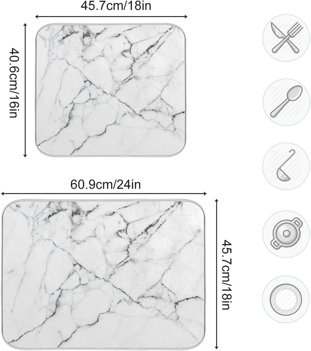 White Grey Marble Dish Drying Mat for Kitchen Counter Absorbent Microfiber Drying Pad, Medium 16x18 in, Reversible Drainer Mats