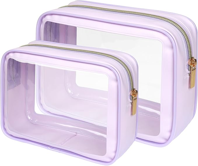 PACKISM TSA Approved Toiletry Bag - Upgrade Color-Edged Clear Makeup Bag, Unique Appearance, 2 Pack Hold Lots of Items, Reusable Clear Toiletry Bags for Travel Essentials, Purple (2 Sizes)