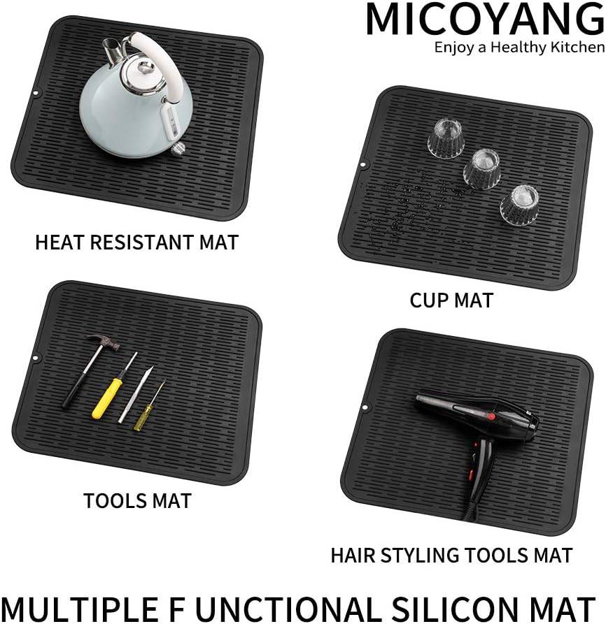 Silicone Dish Drying Mat for Multiple Usage,Easy clean,Eco-friendly,Heat-resistant Silicone Mat for Kitchen Counter or Sink,Refrigerator or Drawer Liner Black XL 18 inches x 16 inches