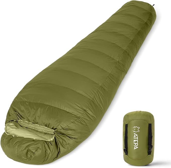 ATEPA Down Sleeping Bag for Adults, 650FP Recycled Mummy Cold Weather Ultralight 3 Season Waterproof Compact Packable Sleeping Bag with Stuff Sack & 15D Nylon Shell for Backpacking Camping Hiking