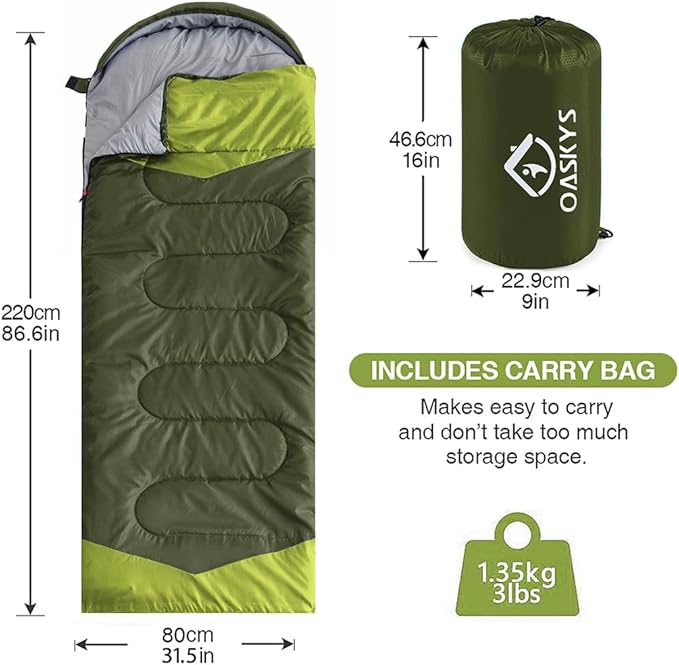 oaskys Camping Sleeping Bag - 3 Season Warm & Cool Weather - Summer Spring Fall Lightweight Waterproof for Adults Kids - Camping Gear Equipment, Traveling, and Outdoors