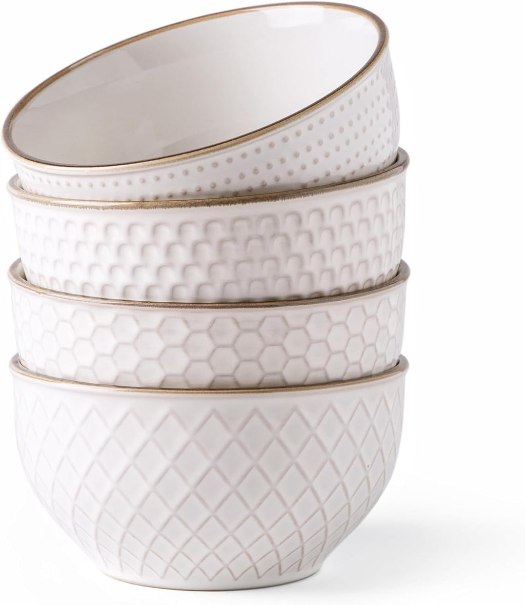 GBHOME Stoneware Cereal Bowls Set of 4, 24 oz Ceramic Soup Bowls with Texture Patterns for Soup,Oatmeal, Snacks, Perfect Bowls for Wedding, House-warming Gift-Off White