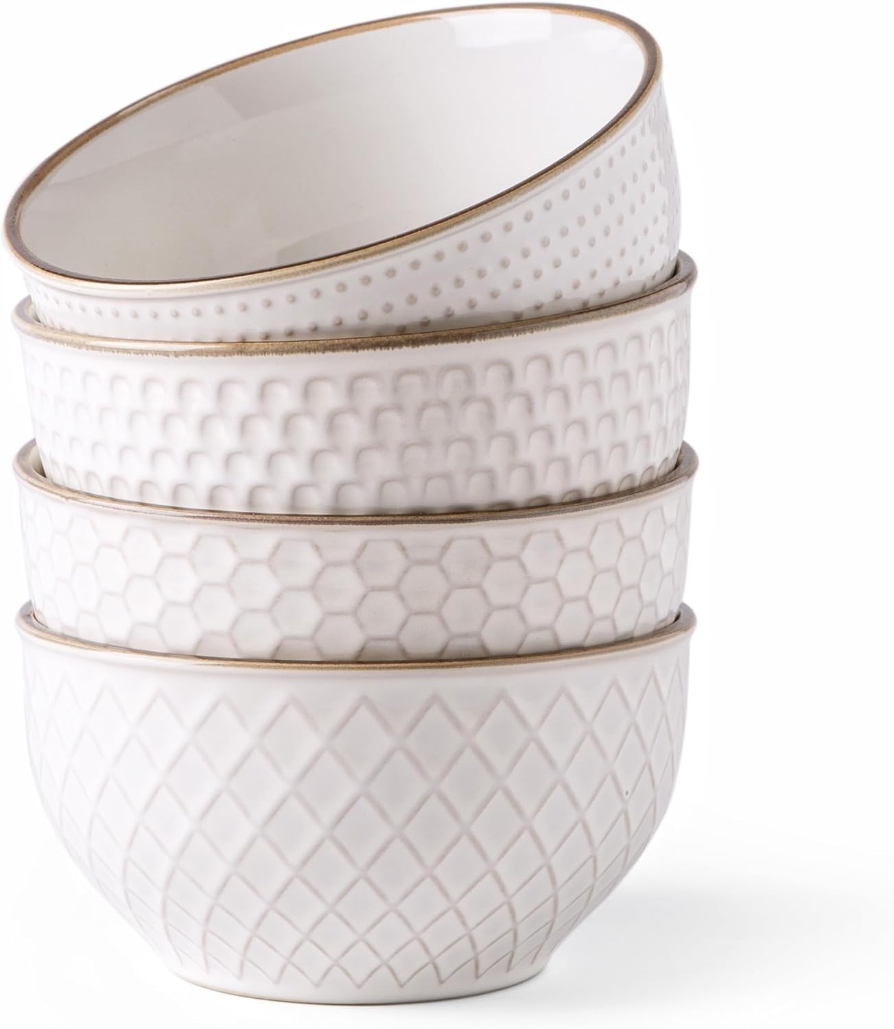 GBHOME Stoneware Cereal Bowls Set of 4, 24 oz Ceramic Soup Bowls with Texture Patterns for Soup,Oatmeal, Snacks, Perfect Bowls for Wedding, House-warming Gift-Off White