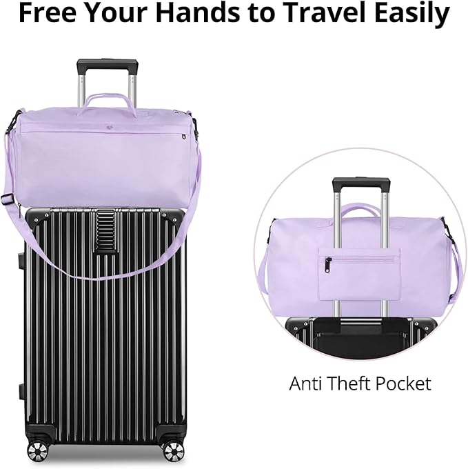 Sports fitness Gym Bag for Women, Yoga Swim Workout Travel Duffel Overnight Shoulder Bags with Shoe Compartment and Wet Pocket Ladies Weekend Carry on Luggage Dance College Purple