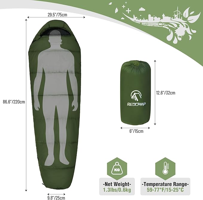 REDCAMP Ultra Lightweight Sleeping Bag for Backpacking, Comfort for Adults Warm Weather, with Compression Sack