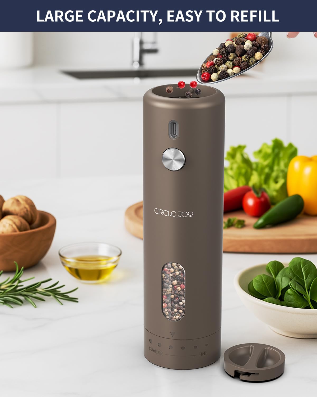 CIRCLE JOY Rechargeable Electric Salt and Pepper Grinder Set with Base, Automatic Pepper Mills with 110ml Container, External Adjustable Coarseness, White Led Light and One-Handed Operation, Brown