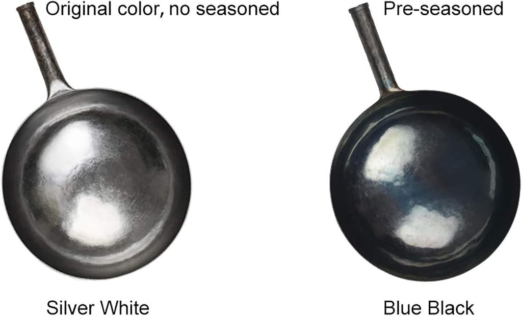 臻三环 ZhenSanHuan Chinese Hand Hammered Iron Woks and Stir Fry Pans, Non-stick, No Coating, Carbon Steel Pow (34CM, BlueBlack Seasoned with help handle)