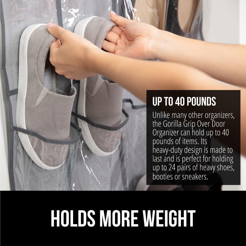 GORILLA GRIP Over the Door Shoe Organizer, 24 Large Breathable PVC Pockets, Space Saving Hanging Storage Holder, Closet Rack Hanger Holds Up to 40 lbs, Hangs on Closets for Shoes 2 Pack, Gray