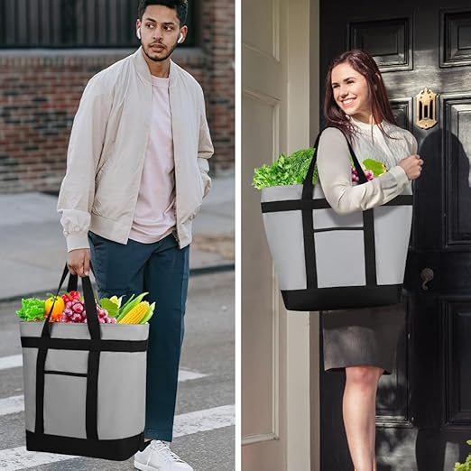 2Pk Insulated Reusable Tote Bag for Grocery Shopping for Women/Men, Pizza/Food Delivery Bag to Keep Food Cold/Hot for Uber Eats/Doordash/Grubub, Cooler bags for Travel/Beach/Picnic, Grey