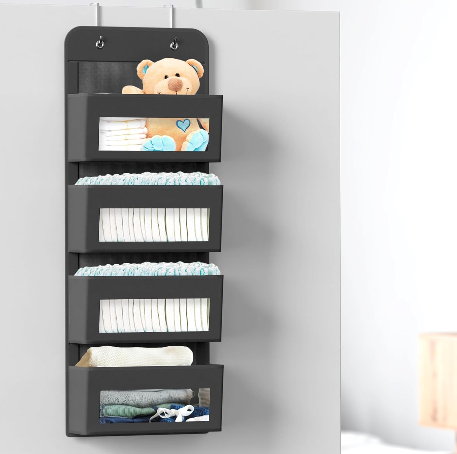 Simple Houseware 4 Clear Window Pocket Over Closet Door Storage Hanging Organizer for Bedroom, Bathroom, Pantry, Dark Grey