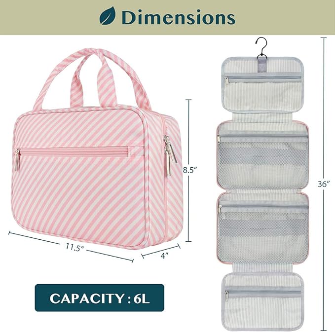 PAVILIA Hanging Toiletry Bag Travel Bag Women Men, Foldable Cosmetic Organizer, Roll up Makeup Bag, Water Resistant Accessories Toiletries, Large Travel Essentials Kit (Pink Stripe)