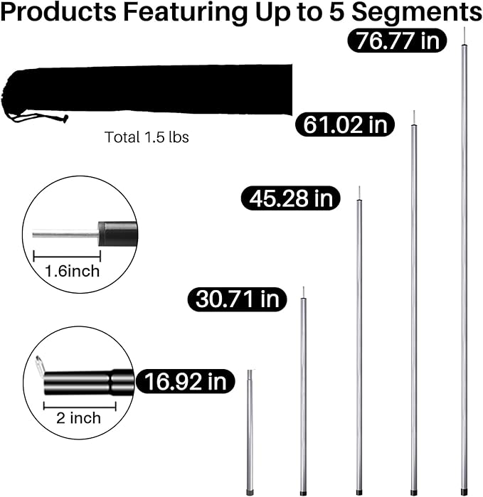 Neween Tent Poles for Tarp Adjustable Camping Tarp Poles Set of 2, 76in Lightweight Collapsible Tent Pole with a Diameter of 0.6in for Backpacking Hiking Awning Canopy Rain Fly Shelter (Grey)