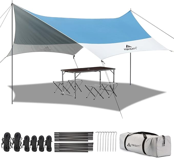 Forceatt 12x14FT Tarp with 2 Poles, Waterproof Anti-UV Camping Tarp Car Awning (UPF50+), Lightweight Sun Shelter for Car, Tent and Hammock in Hiking, Backpacking, Garden and Traveling