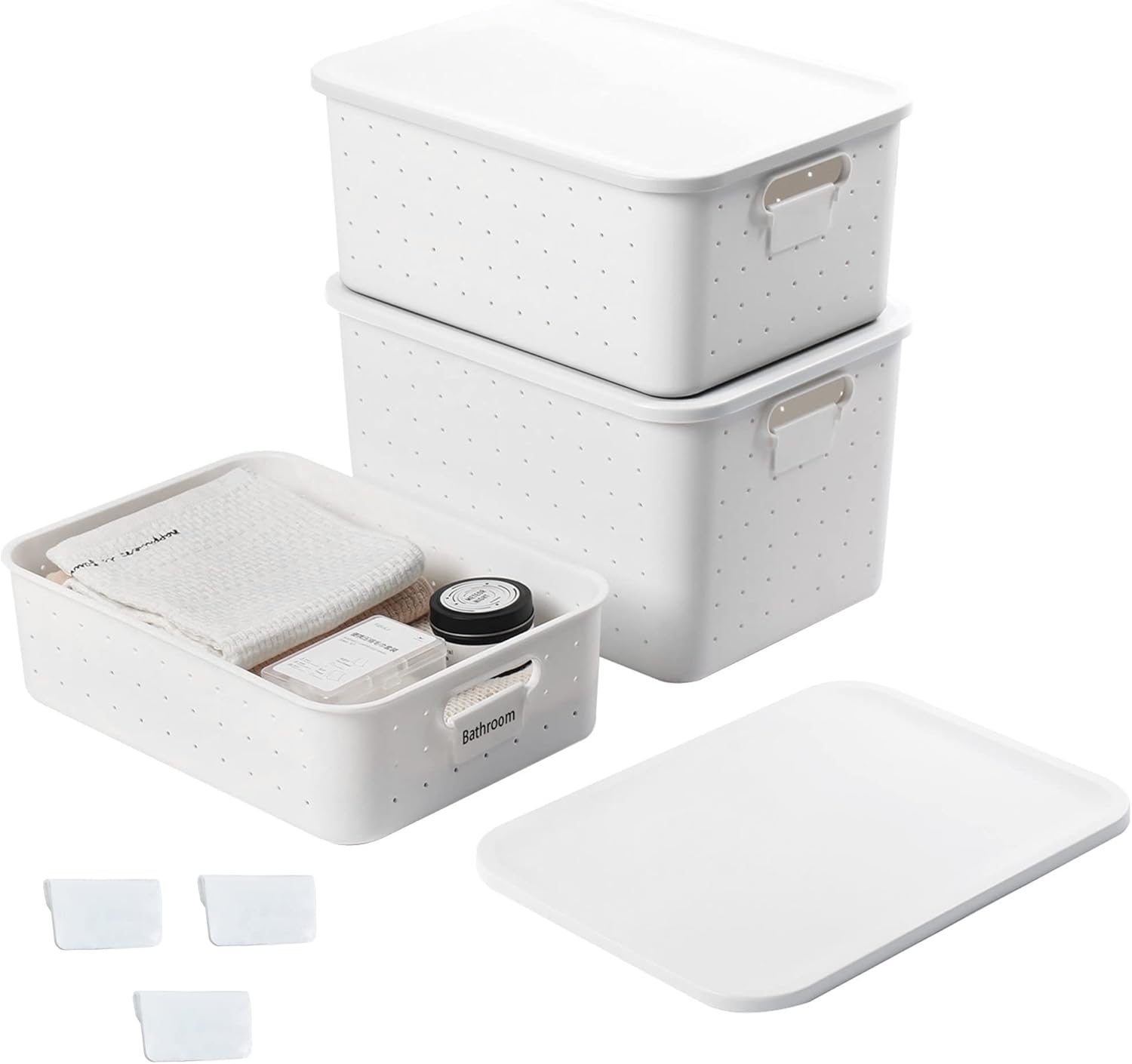 vacane Large White Storage Baskets with Snap Lid, Extremely Durable, Storage Baskets for Organizing Stackable Storage Box with Handle for Playroom Classroom Closet Office, 14 x 10 x 8 inch