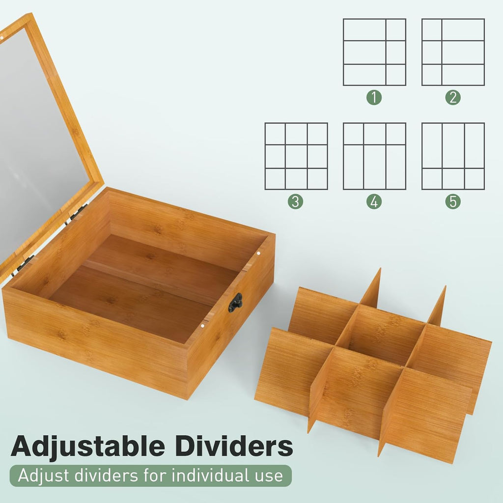 Wood Tea Bag Organizer Tea Storage Box with Clear Acrylic Top Window & 9 Compartments Tea Bag Holder for Home Office Gift (Brown)