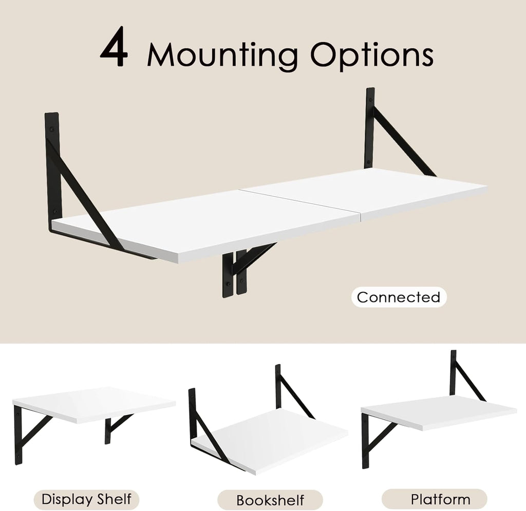 DINZI LVJ Deep Floating Shelves, 16 W x 12" D Wall Shelves Set of 2, Wide Display Shelf Wall Mounted with Brackets, Easy-to-Install Floating Bookshelf for Living Room, Bathroom, Bedroom, White