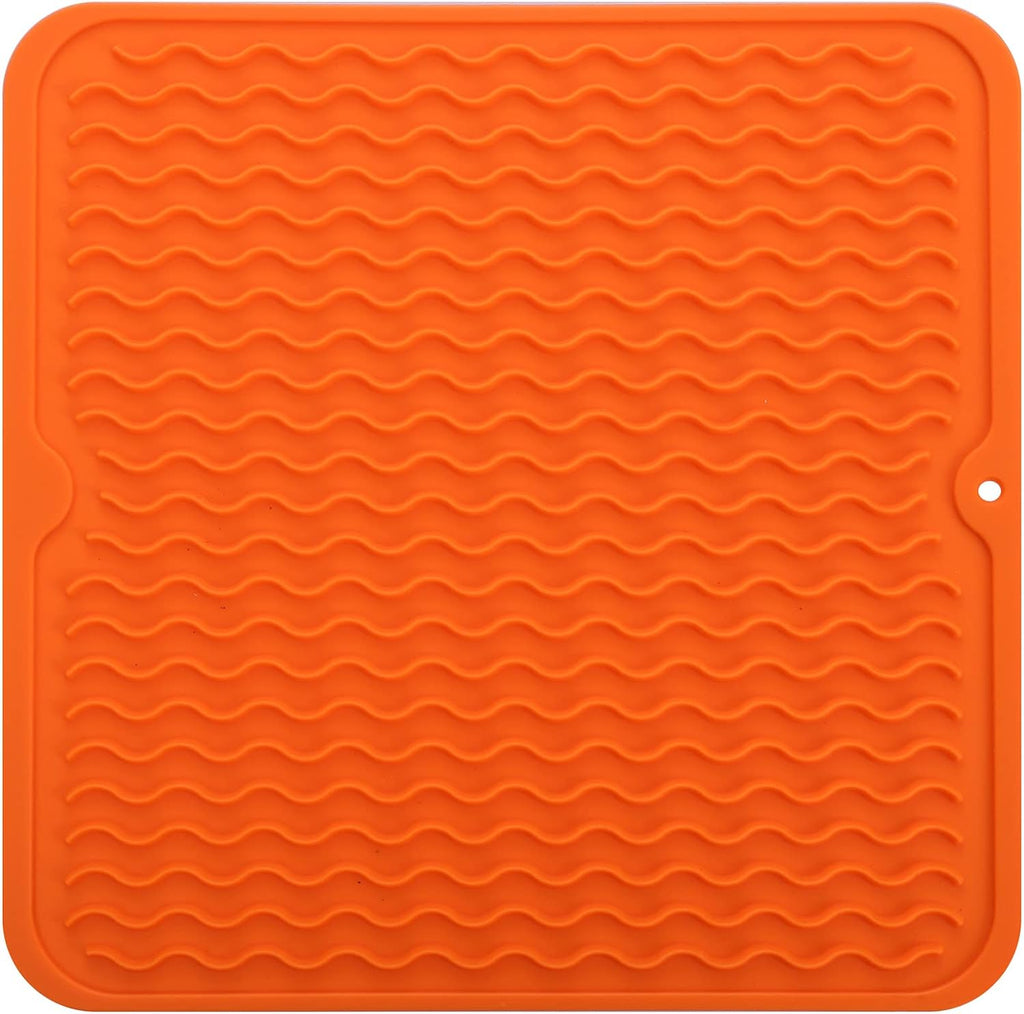 Silicone Dish Drying Mat for Multiple Usage,Easy clean,Eco-friendly,Heat-resistant Silicone Mat for Kitchen Counter or Sink,Refrigerator or Drawer liner Orange M 12 inches x 12 inches