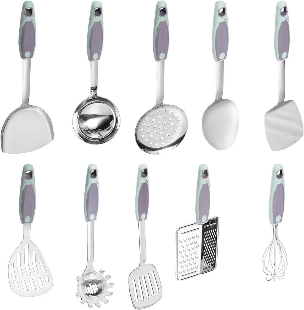 10PCS Cooking Utensils Set, Stainless Steel Utensils Set Non Slip Handle Heat Resistant Kitchen Cooking Tools Durable Metal Utensil Spatula, Spoon, Whisk, Ladle, Pasta Fork