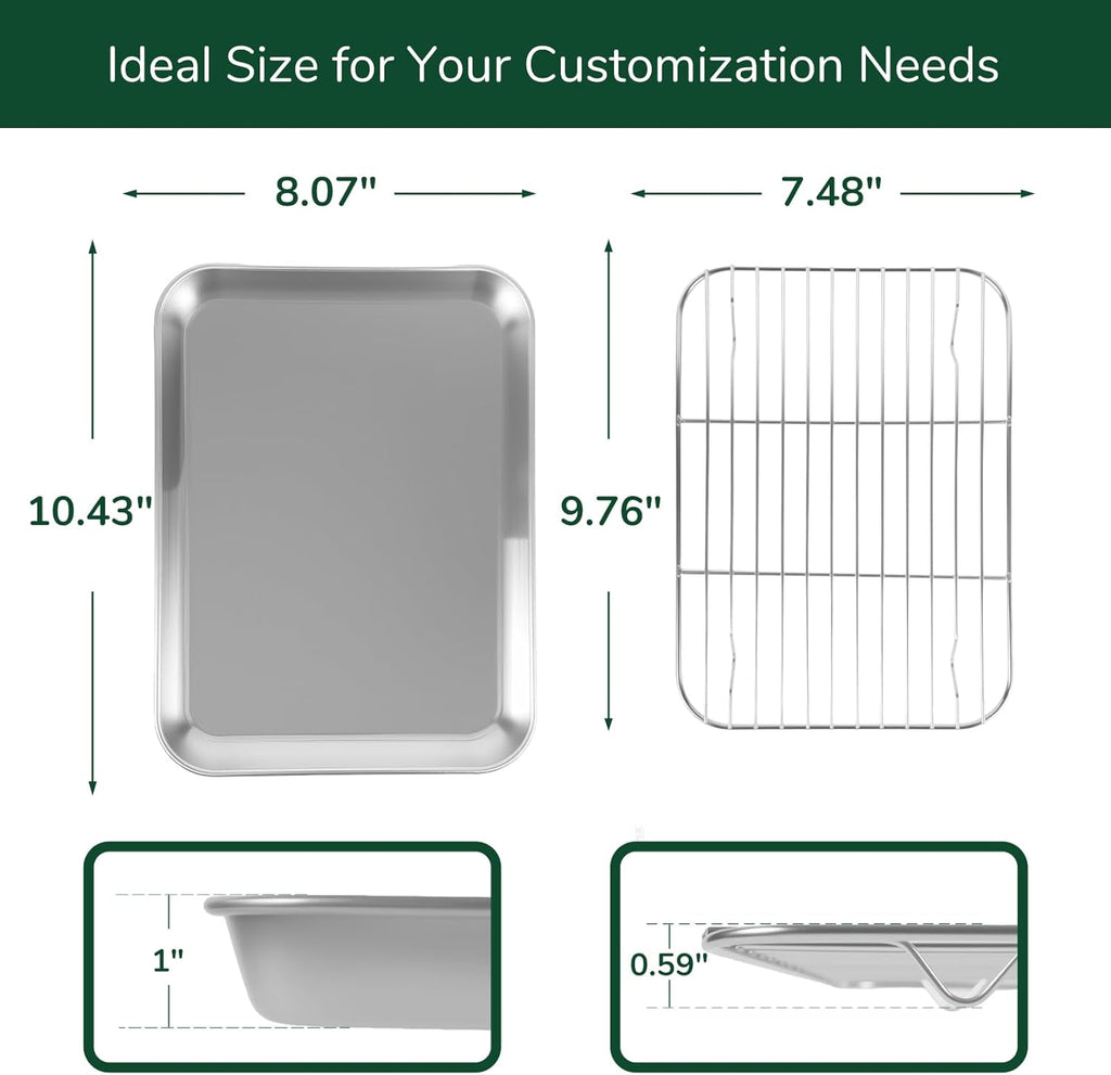 18/0 Stainless Steel Baking Sheet with Cooling Rack, 10.4 Inch Oven-Safe Non-Toxic Cookie Sheets for Baking, Coating Free & Rust Resistant for Healthy Family Baking, Easy to Clean, Heavy Duty