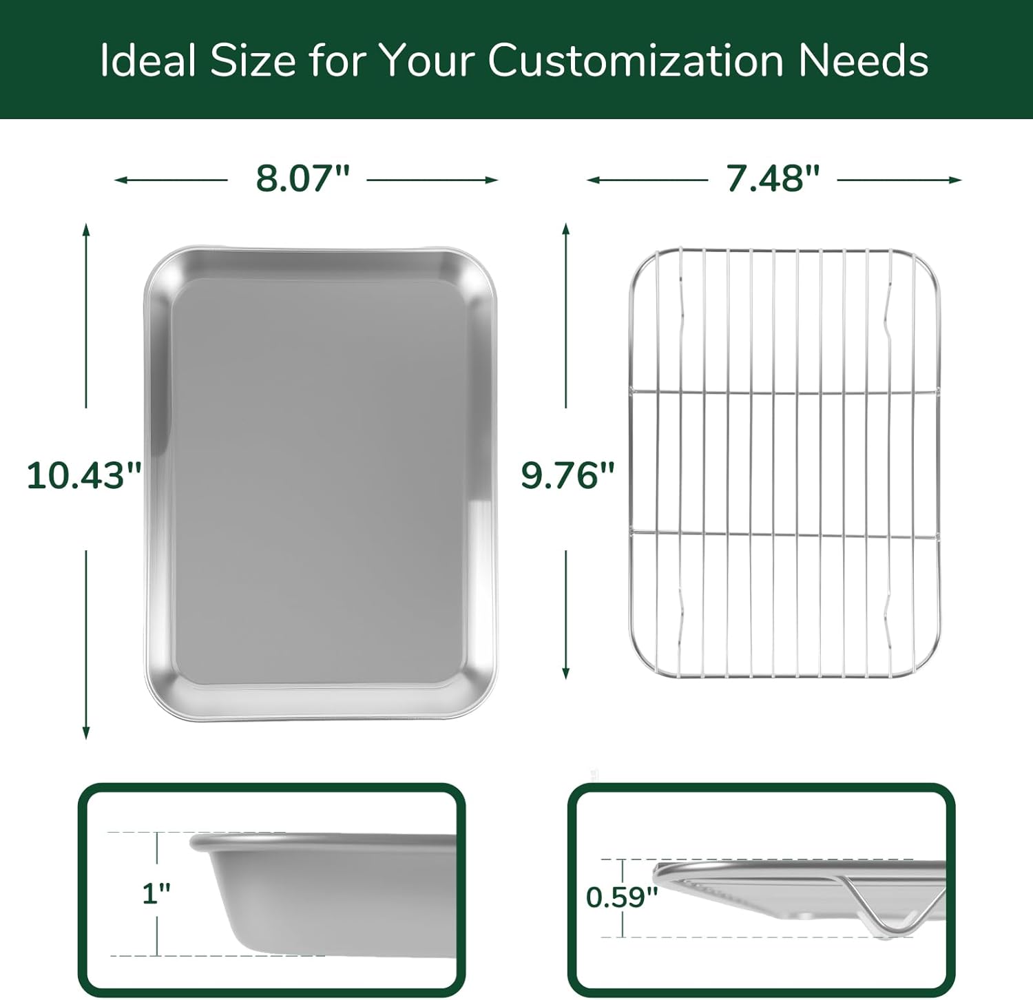 18/0 Stainless Steel Baking Sheet with Cooling Rack, 10.4 Inch Oven-Safe Non-Toxic Cookie Sheets for Baking, Coating Free & Rust Resistant for Healthy Family Baking, Easy to Clean, Heavy Duty