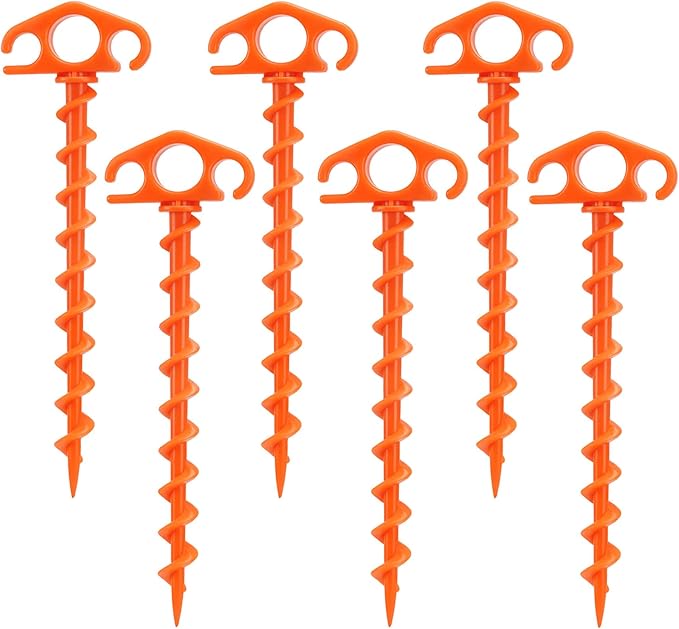 Tent Stakes Sand Stakes for Beach Tent Spiral Anchor Stakes 9.4 Inch Heavy Duty Screw Canopy Stakes for Camping, Hiking and More (6, Orange)