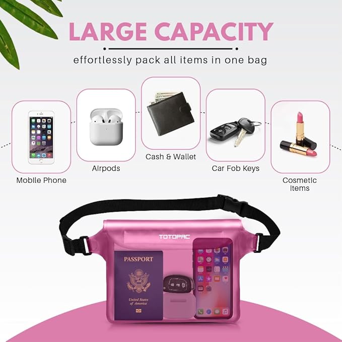 2-Pack Waterproof Fanny Pack, Phone Pouch with Waist Strap, 9x6.7 Inch Dry Bag for Phone, Cash, and Valuables – for Swimming, Kayaking, Boating, Snorkeling, and Water Sports (2, Pink + Grey)